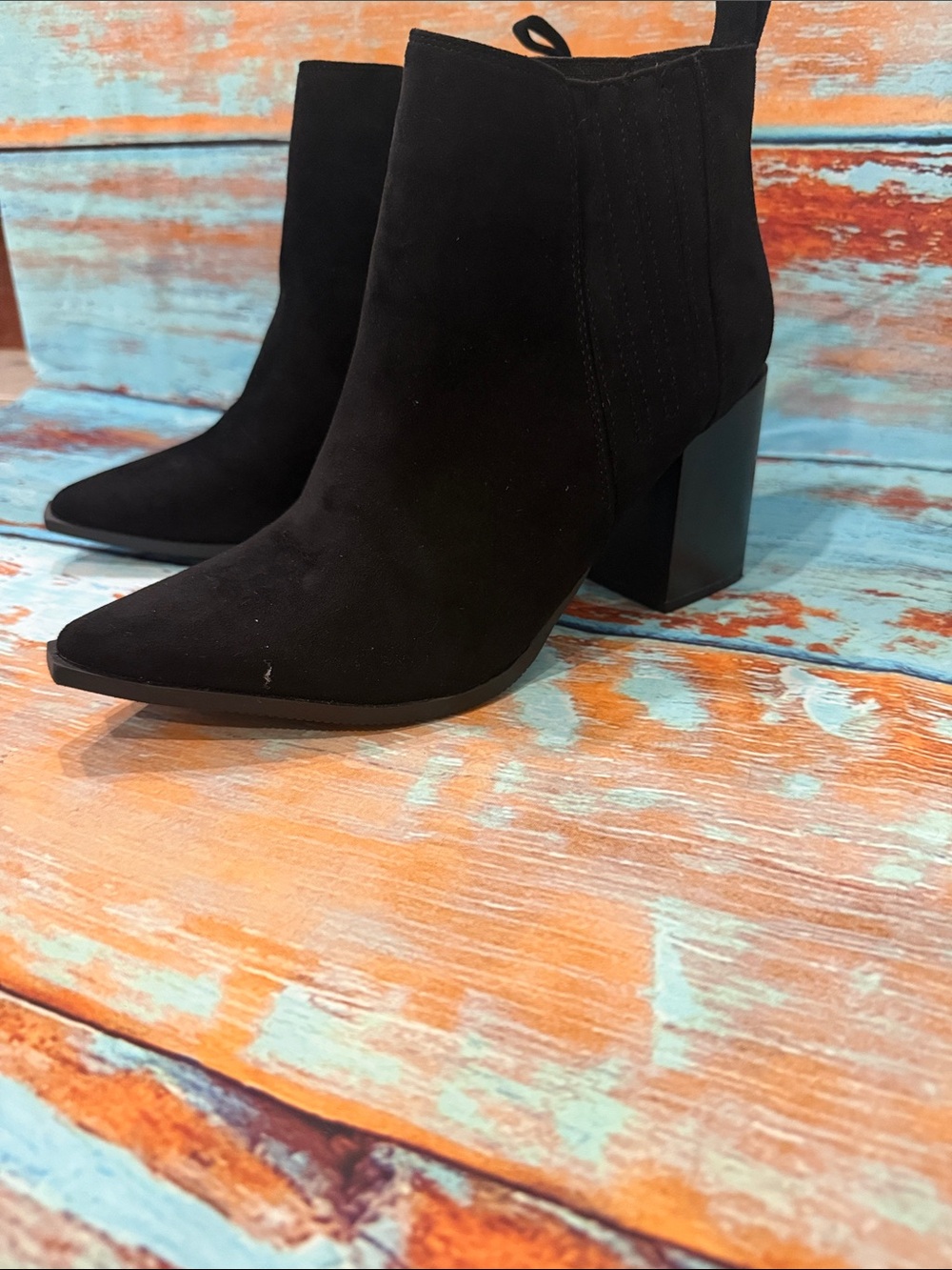 Women's Black Suede Pointed Toe Block Heel Ankle Boots
